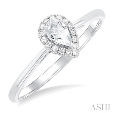 5x3 MM Pear Shape White Topaz and 1/20 Ctw Single Cut Diamond Halo Semi-Precious Ring in 14K White Gold